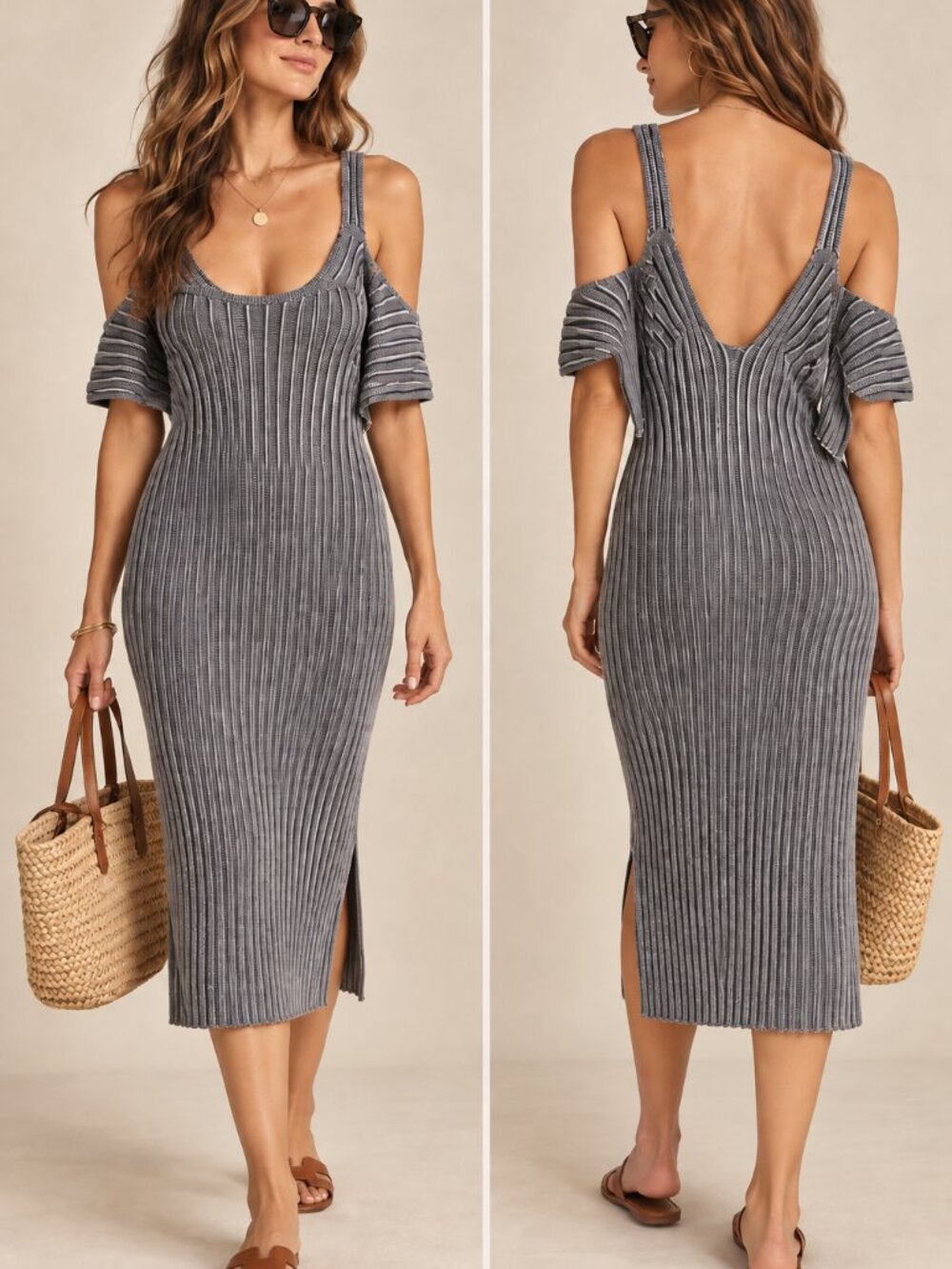 CAARA Beachqueen Blue White Striped Ribbed Cold Shoulder Midi Dress XS